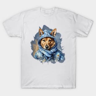 Street Dog wearing a denim jacket hoodie watercolor splash art T-Shirt